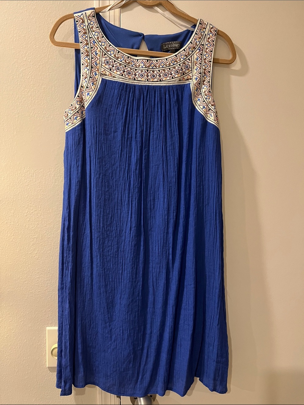 Luxology Royal Blue Sleeveless Embroidered Yoke Midi Dress